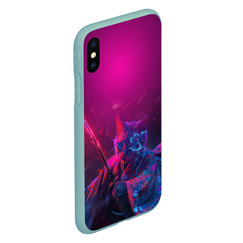 Чехол iPhone XS Max матовый Кот самурай с катаной киберпанк / 3D-Мятный – фото 2