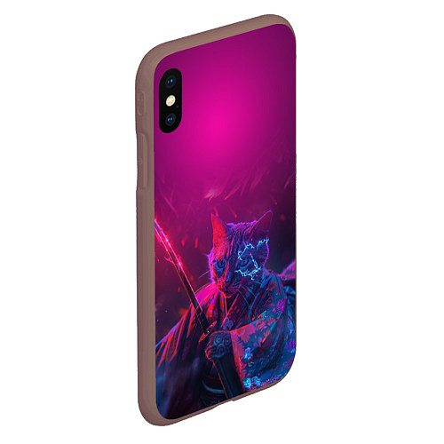 Чехол iPhone XS Max матовый Кот самурай с катаной киберпанк / 3D-Коричневый – фото 2