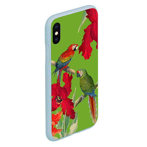 Чехол iPhone XS Max матовый Попугаи среди цветов / 3D-Голубой – фото 2