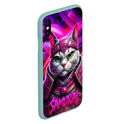 Чехол iPhone XS Max матовый Кот в самурайском стиле / 3D-Мятный – фото 2