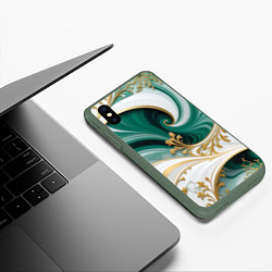 Чехол iPhone XS Max матовый Зеленые волны и золотые веточки, цвет: 3D-темно-зеленый — фото 2