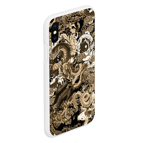 Чехол iPhone XS Max матовый Японские драконы с самураем в бежевом цвете / 3D-Белый – фото 2