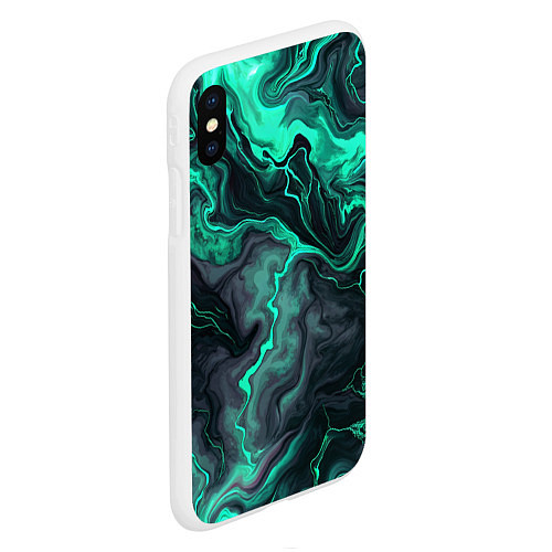 Чехол iPhone XS Max матовый Бирюзовый мрамор на черном фоне / 3D-Белый – фото 2