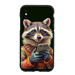 Чехол iPhone XS Max матовый Нейросеть - енот со смартфоном - картина, цвет: 3D-черный