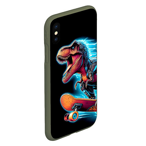 Чехол iPhone XS Max матовый Cool Dino on a skateboard - neon glow fantasy / 3D-Темно-зеленый – фото 2