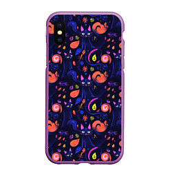 Чехол iPhone XS Max матовый Черные кошки - паттерн, цвет: 3D-фиолетовый