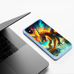 Чехол iPhone XS Max матовый Огненный дракон над водопадом - нейроарт, цвет: 3D-голубой — фото 2