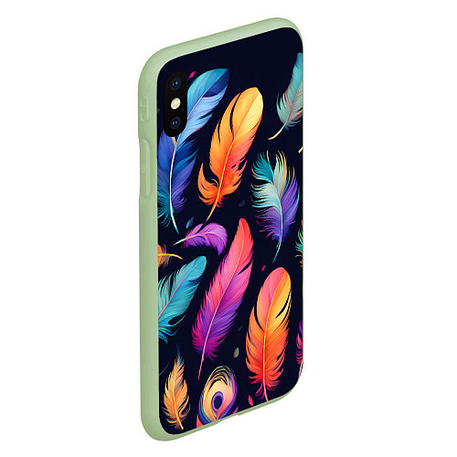 Чехол iPhone XS Max матовый Разноцветные переливающиеся перья / 3D-Салатовый – фото 2