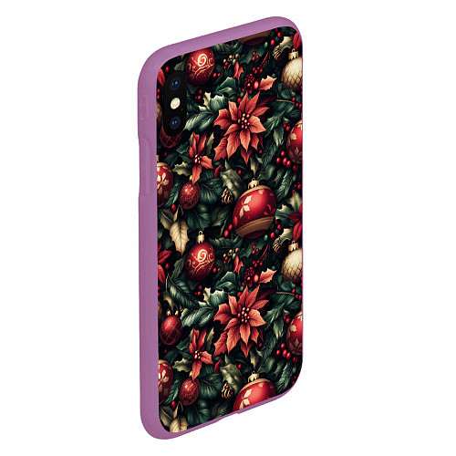 Чехол iPhone XS Max матовый Паттерн с новогодними украшениями / 3D-Фиолетовый – фото 2