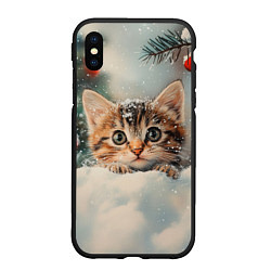 Чехол iPhone XS Max матовый Маленький котенок на снегу с новогодними шариками, цвет: 3D-черный