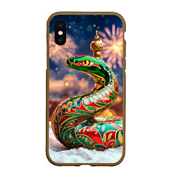 Чехол iPhone XS Max матовый Змея на фоне новогоднего кремля, цвет: 3D-коричневый