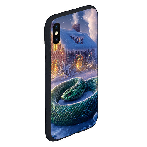 Чехол iPhone XS Max матовый Большая змея на фоне новогоднего дома / 3D-Черный – фото 2