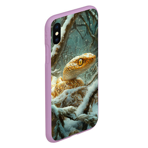 Чехол iPhone XS Max матовый Золотистая змея в зимнем лесу / 3D-Сиреневый – фото 2