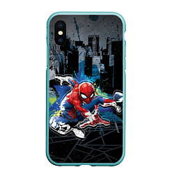 Чехол iPhone XS Max матовый Spider-man over the city, цвет: 3D-мятный