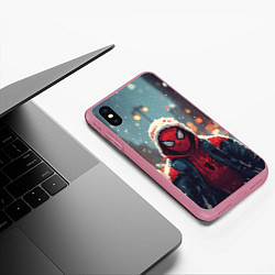 Чехол iPhone XS Max матовый Человек-паук под снегопадом - новогодний город, цвет: 3D-малиновый — фото 2