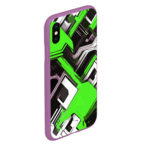 Чехол iPhone XS Max матовый Бело-зелёный техно паттерн на чёрном фоне / 3D-Фиолетовый – фото 2