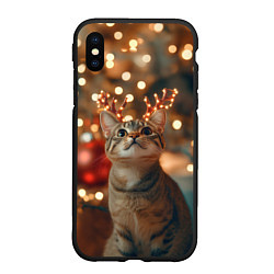 Чехол iPhone XS Max матовый Котик с новогодними рожками, цвет: 3D-черный