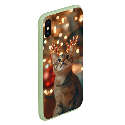 Чехол iPhone XS Max матовый Котик с новогодними рожками / 3D-Салатовый – фото 2