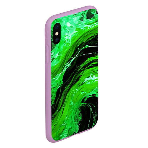 Чехол iPhone XS Max матовый Зелёные брызги на чёрном фоне / 3D-Сиреневый – фото 2