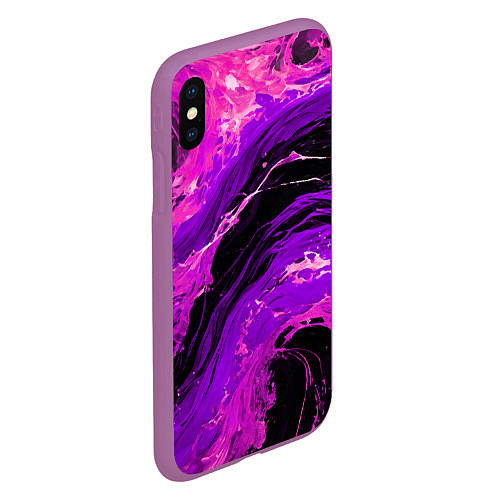 Чехол iPhone XS Max матовый Фиолетовые брызги на чёрном фоне / 3D-Фиолетовый – фото 2