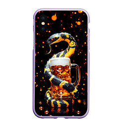 Чехол iPhone XS Max матовый Змея с кружкой пива в новогоднюю ночь, цвет: 3D-светло-сиреневый