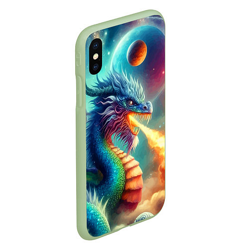 Чехол iPhone XS Max матовый Огнедышащий космический дракон - нейроарт фантазия / 3D-Салатовый – фото 2