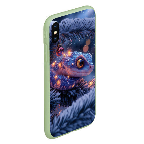 Чехол iPhone XS Max матовый Змея на заснеженной елке / 3D-Салатовый – фото 2