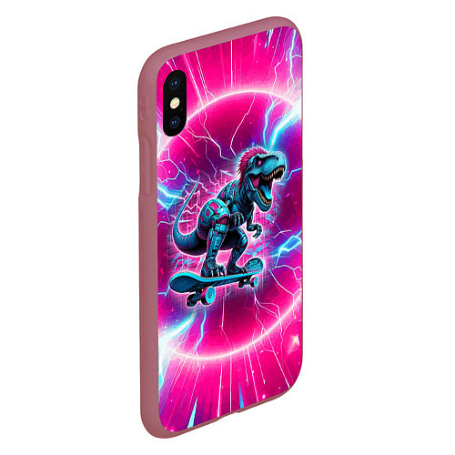 Чехол iPhone XS Max матовый Cyber tyrannosaurus is a cool skateboarder / 3D-Малиновый – фото 2