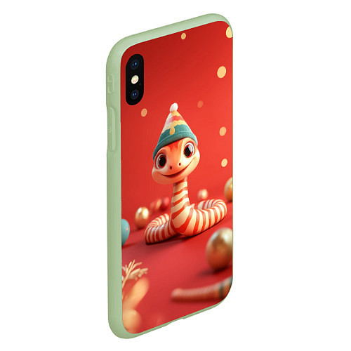 Чехол iPhone XS Max матовый Змейка в красном новогоднем интерьере / 3D-Салатовый – фото 2