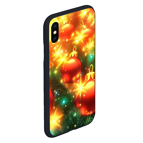 Чехол iPhone XS Max матовый Красные новогодние шары и гирлянда / 3D-Черный – фото 2