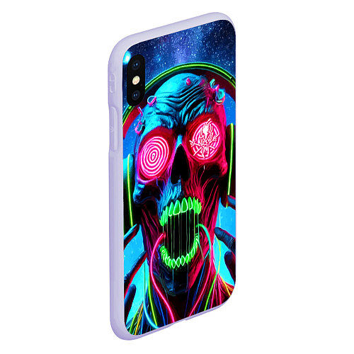 Чехол iPhone XS Max матовый Metallica - neon skull with headphones / 3D-Светло-сиреневый – фото 2