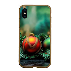 Чехол iPhone XS Max матовый Новогодние шары на ветках, цвет: 3D-коричневый