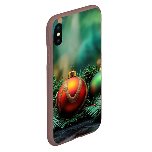 Чехол iPhone XS Max матовый Новогодние шары на ветках / 3D-Коричневый – фото 2