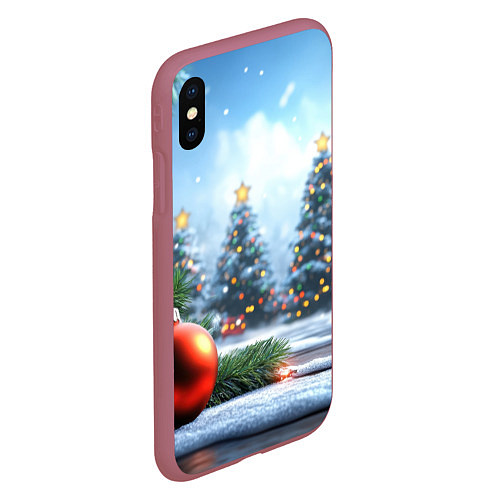 Чехол iPhone XS Max матовый Новогодние елки и шар / 3D-Малиновый – фото 2