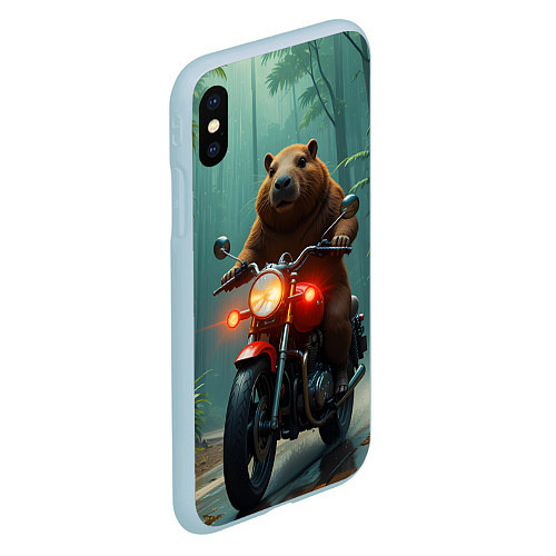 Чехол iPhone XS Max матовый Капибара на мотоцикле в джунглях / 3D-Голубой – фото 2