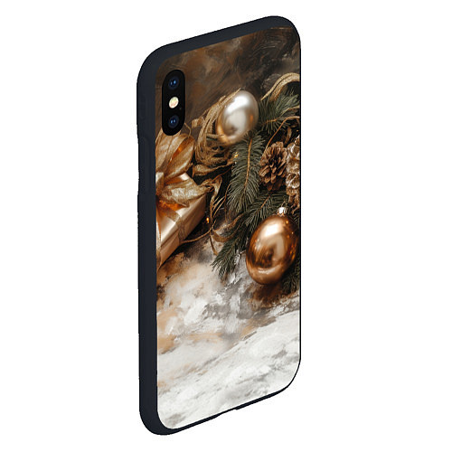 Чехол iPhone XS Max матовый Коричневые новогодние шары и шишки / 3D-Черный – фото 2