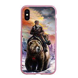 Чехол iPhone XS Max матовый Красноармеец на медведе, цвет: 3D-розовый