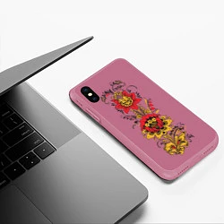 Чехол iPhone XS Max матовый Хохлома: цветы, цвет: 3D-малиновый — фото 2