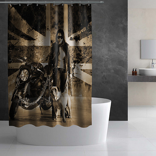 Шторка для ванной Девушка байкер и английский бульдог / 3D-принт – фото 2