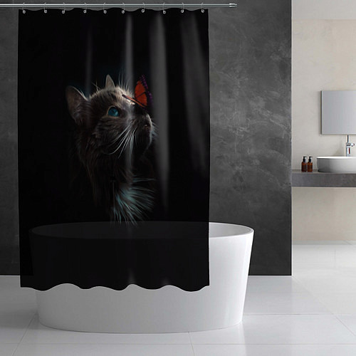 Шторка для ванной Котик и бабочка / 3D-принт – фото 2