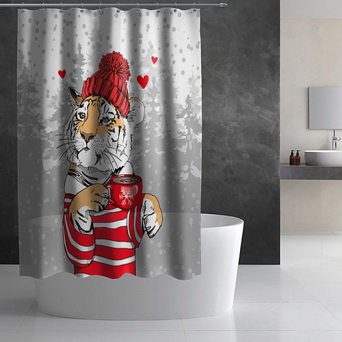 Шторка для ванной Тигр с чашкой кофе / 3D-принт – фото 2