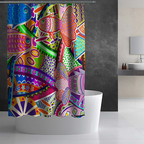 Шторка для ванной Разноцветные яркие рыбки на абстрактном цветном фо / 3D-принт – фото 2