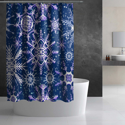 Шторка для ванной Белые снежинки на темно-синем фоне / 3D-принт – фото 2