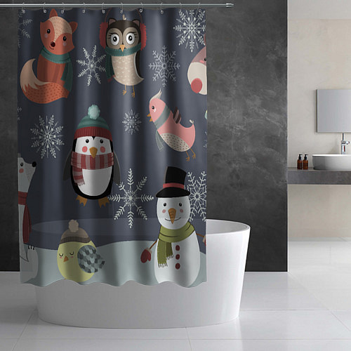 Шторка для ванной НОВОГОДНИЙ ПАТТЕРН ЖИВОТНЫЕ / 3D-принт – фото 2