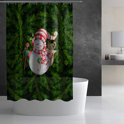 Шторка для ванной Снеговичок На Еловом Фоне Елочная Текстура Новый Г / 3D-принт – фото 2