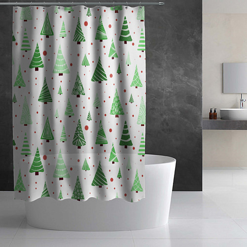 Шторка для ванной Много разных зелёных ёлочек на белом фоне плюс кра / 3D-принт – фото 2