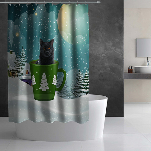 Шторка для ванной Черный кот в кружке / 3D-принт – фото 2