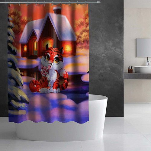 Шторка для ванной Тигр на фоне новогоднего домика / 3D-принт – фото 2