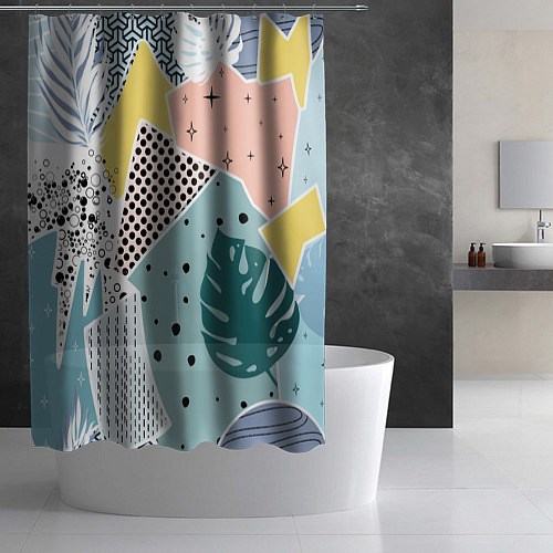Шторка для ванной Абстрактный узор с пальмовыми листами и геометрией / 3D-принт – фото 2