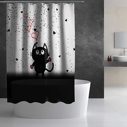 Шторка для ванной Котик в тумане Сердечки / 3D-принт – фото 2